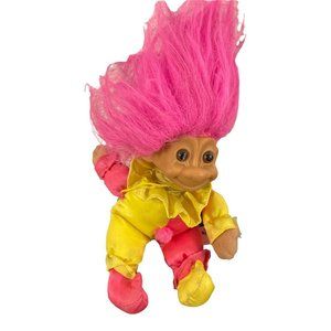 Vintage RUSS Troll Doll Jester Clown Yellow & Pink Satin Suit Fair Condition 6”
